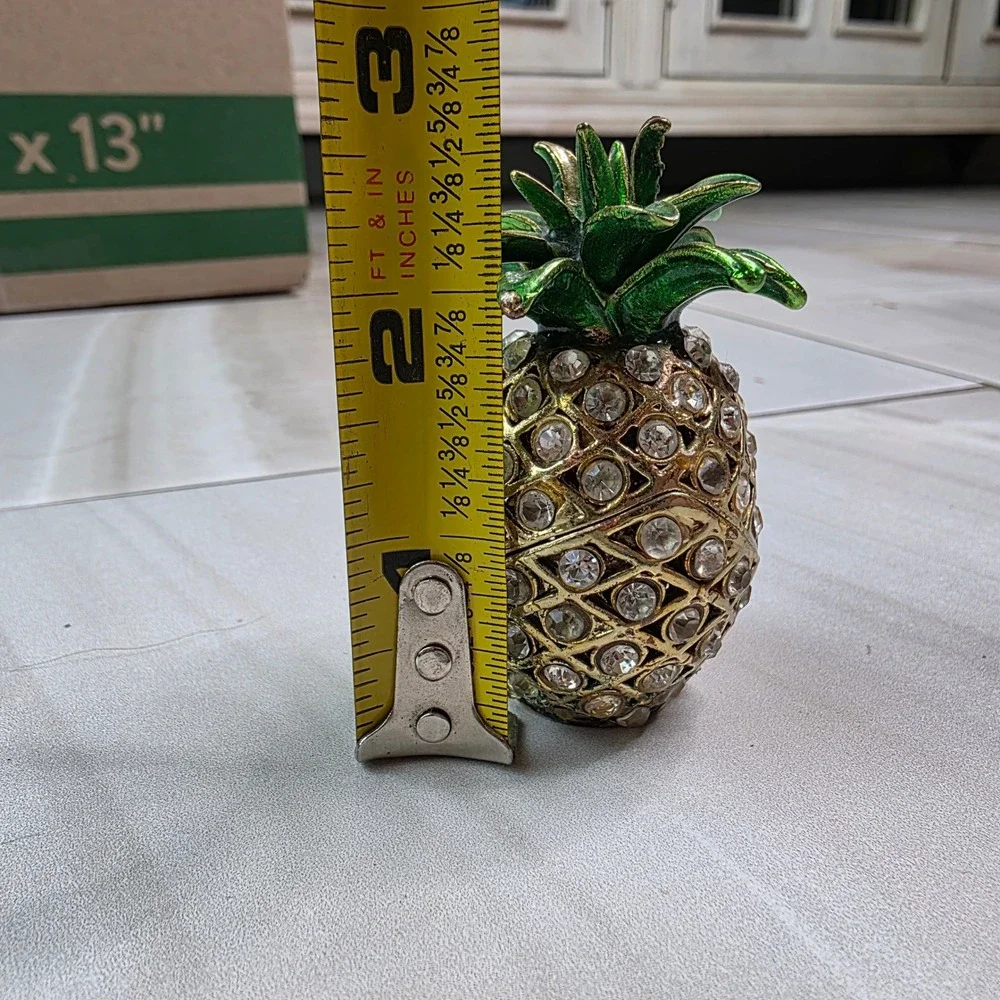 Vintage Pineapple Rhinestone Trinket Box‎ Gold Tone Green Enamel Hinged Jewelry